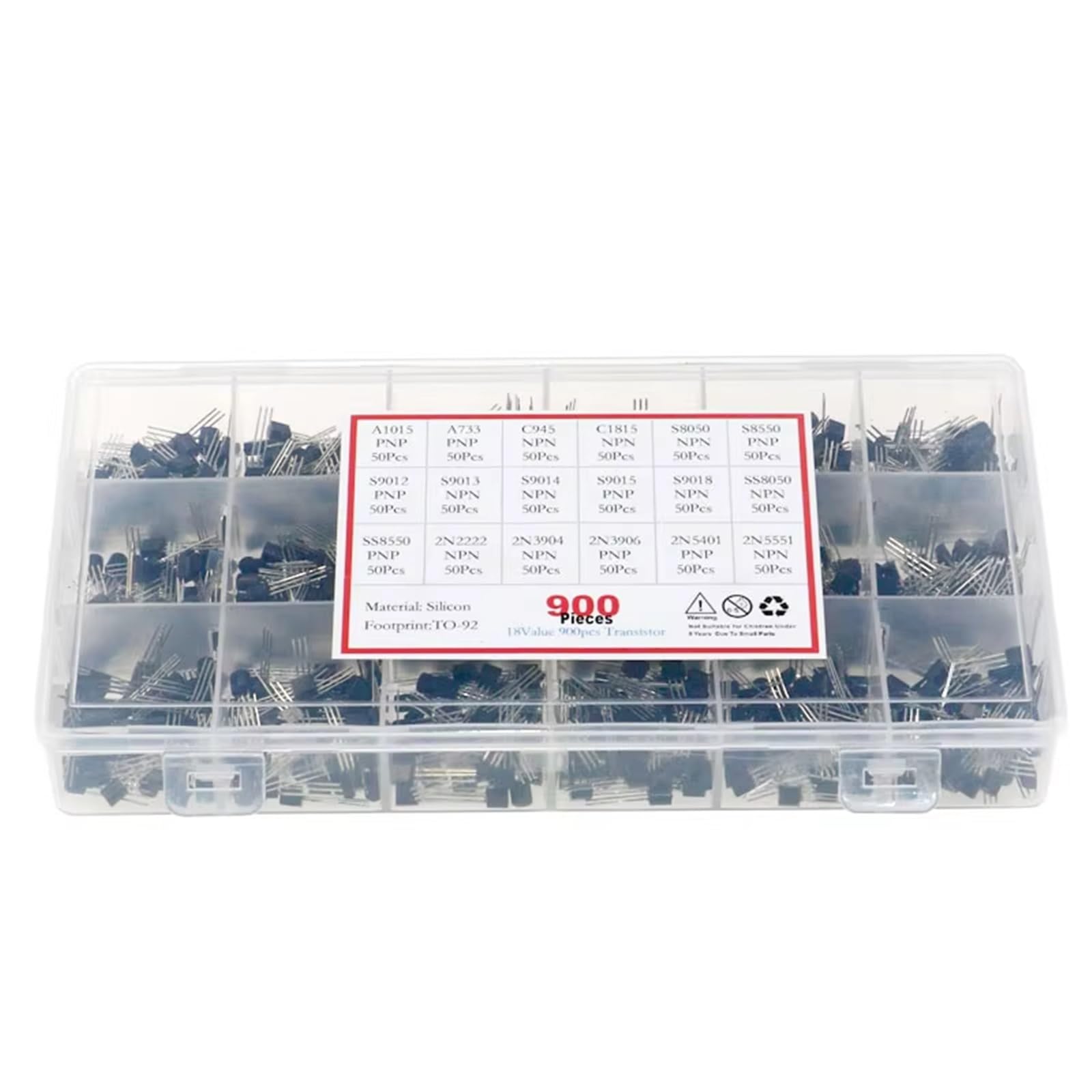 Set Di Transistor A Triodo Bipolare Da 18 Valori Da 900 Pezzi TO-92 A1015-2N5551 Kit Scatola