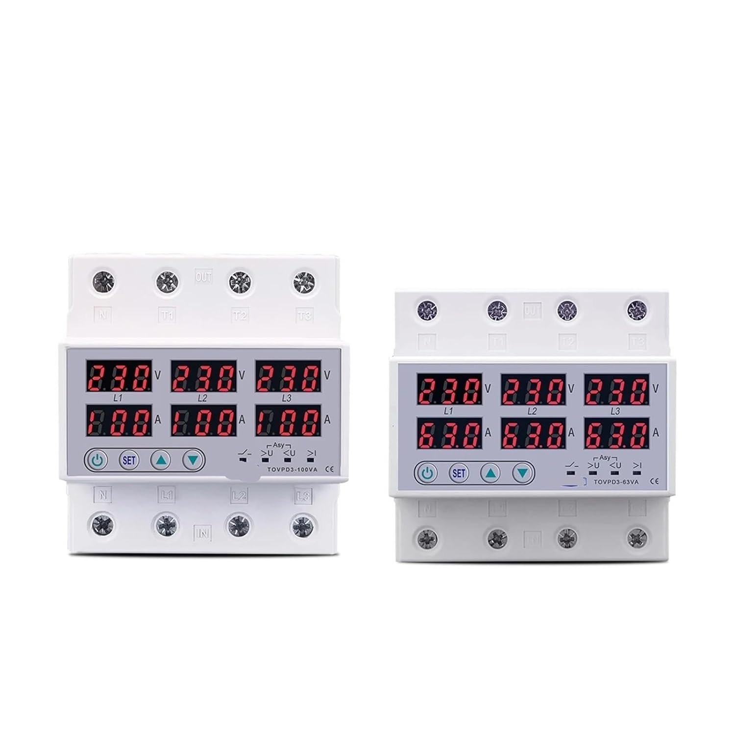 3 Phase 3P+N Voltmeter Over and Under Voltage Current Limit Protection Monitor Relays Protector 1Pcs(100A Without N 380V)