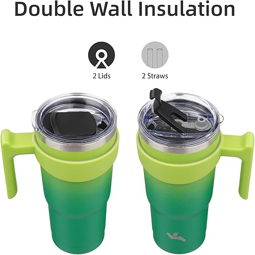 Miniatura 3 de Vaso de 20 onzas con asa y 2 pajillas, 2 tapas, botella de agua aislada de acero inoxidable al vacío, taza de viaje reutilizable, color verde matcha