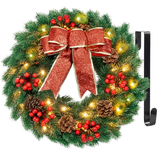 Hocent Christmas Wreaths For Front Door With Hanger & Timer - Pre-Lit Lights 17'' Christmas Wreaths For Windows Decorations With 40 Led Lighted For Mantle Stairs Fireplace Indoor Outdoor Wall cover