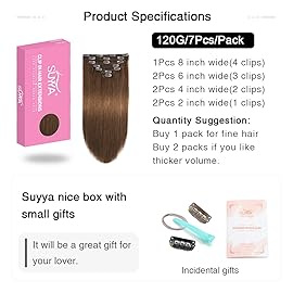 SUYYA Real Human Hair Extensions, Chocolate Brown & Dark Brown, Straight, Double Weft, Clip ins, 7pcs 120g (22 inches)