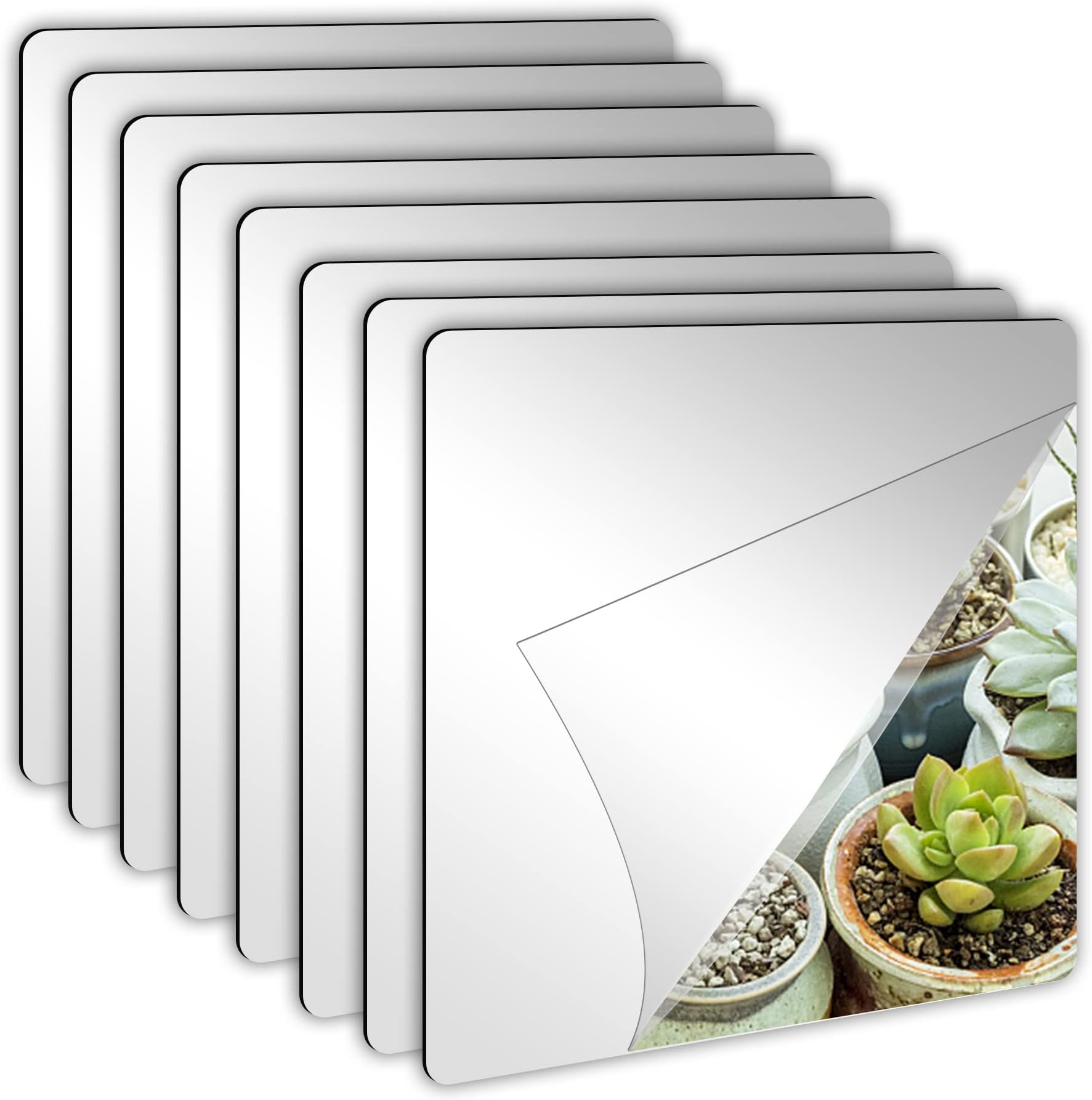 JUNEBRUSHS 8 Pack Self Adhesive Acrylic Mirror, 8 x 8 Inch Tiles,Flexible Plastic Mirror Sheets Wall Stickers,2MM Thick Frameless Small Mirror