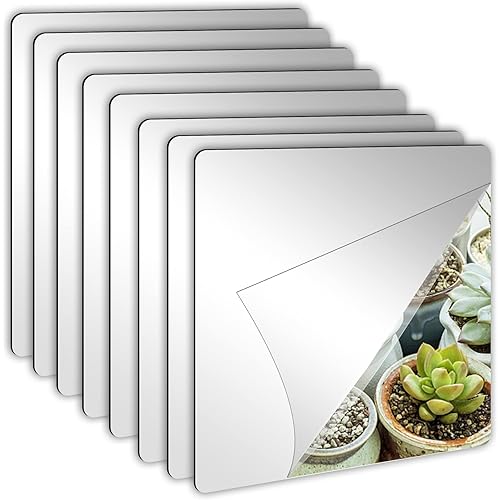 JUNEBRUSHS 8 Pack Self Adhesive Acrylic Mirror, 8 x 8 Inch Tiles,Flexible Plastic Mirror Sheets Wall Stickers,2MM Thick Frameless Small Mirror