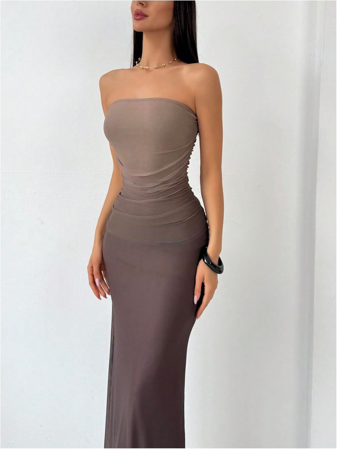 GORGLITTER Women's Mesh Strapless Ruched Bodycon Maxi Dress Wedding Guest Prom Cocktail Summer Y2k Long Tube Dresses