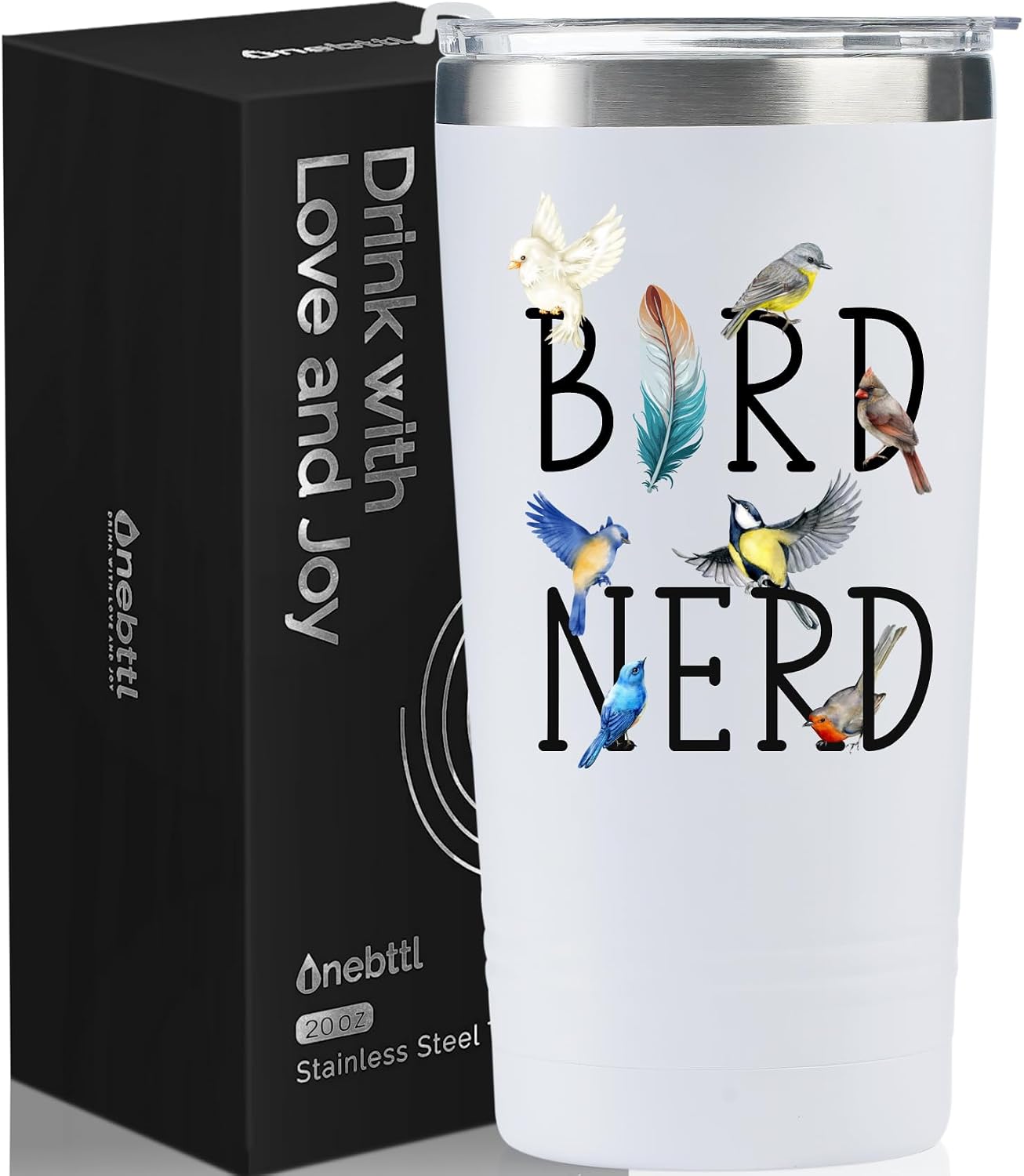 Onebttl Bird Watching Tumbler for Lovers & Watchers, 20oz Stainless Steel Insulated With Lid & Straw, Gift Card & Box Included, Birthday Gift - 360 White