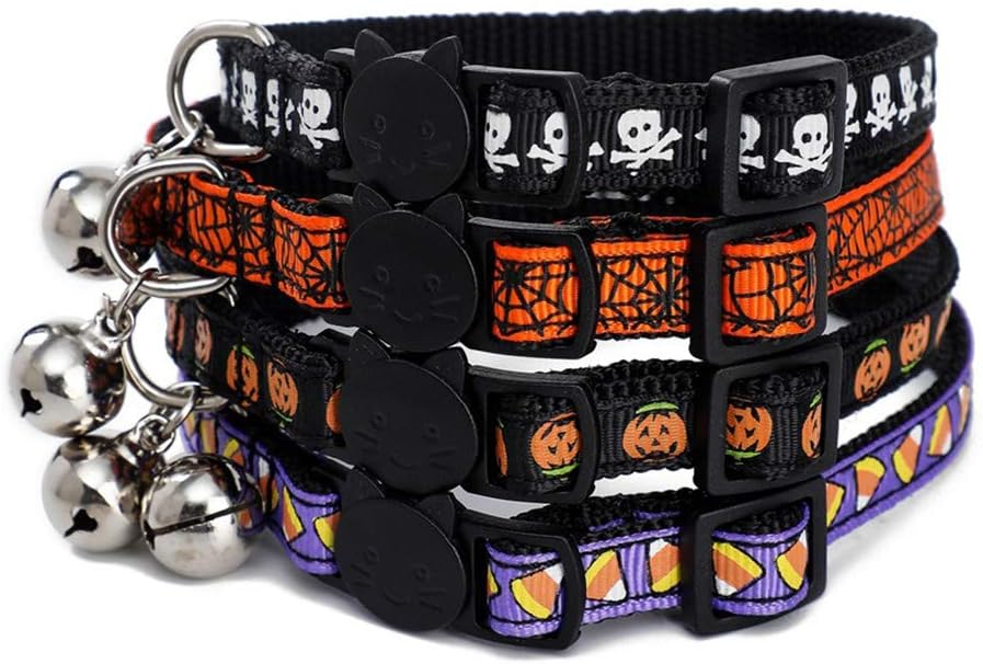 WOWOSS 4 Pcs Halloween Breakaway Cats Collar with Bell Adjustable Kitten Collars for Halloween Dressup Party Accessories