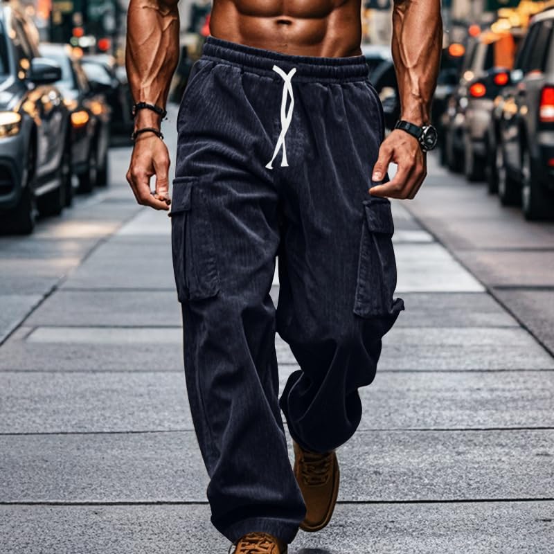 Casual Cargo Drawstring Pants for Men Staright Leg Trendy Outfits Elacstic Waist Solid Color Trousers with Pockets2