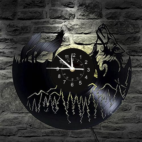 Qianzhou-Uk Wolf Vinyl Wall Clock Gifts For Holiday, Creative Led 7 Colors Night Light Silent Clock 12 Inch Home Art Decor Gifts For Men Fathers,Teen,Kids (C) #TOP4