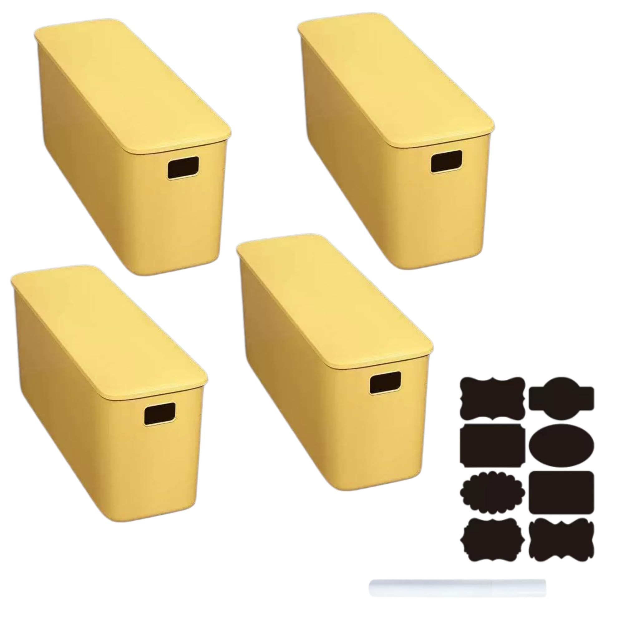 Set di 4 Scatole Portaoggetti Impilabili con Coperchio, Contenitori in Plastica Multiuso per Casa, Scaffali, Cucina, Bagno (Giallo, 37 * 13 * 15cm)