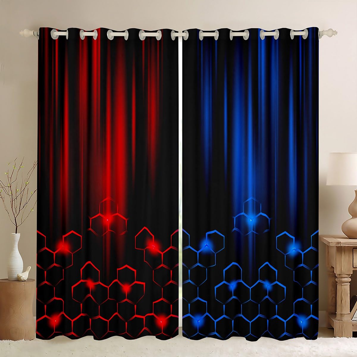 Red and Blue Window Curtains Modern Geometric Window Drapes for Kids Girls  Room Decor, Abstract Ombre Honeycomb Window Treatments Grommet Top 2 Panel  Set Bedroom Curtains, 46Wx54L inch – BigaMart, image size:1200x1200