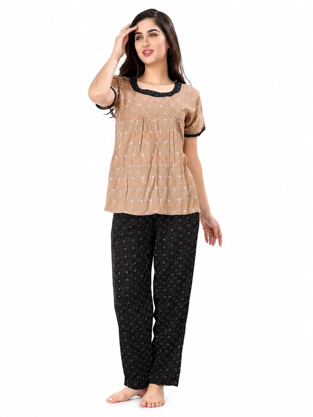 Women’s Rayon Printed Night Suit Set | Short Sleeve Top with Full Length Pajama Pants | Soft Lightweight Sleepwear Lounge Wear Combo-picture-50