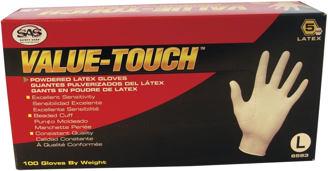SAS Safety 6593 Value-Touch Industrial Disposable Latex 5 Mil Gloves, Large, 100 Gloves by Weight