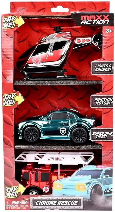 Maxx Action Chrome Rescue Vehicles 3 Pack – Firetruck, Police Car & Helicopter with Lights, Sounds & Pull-Back Action - Toys for Kids Ages 3+