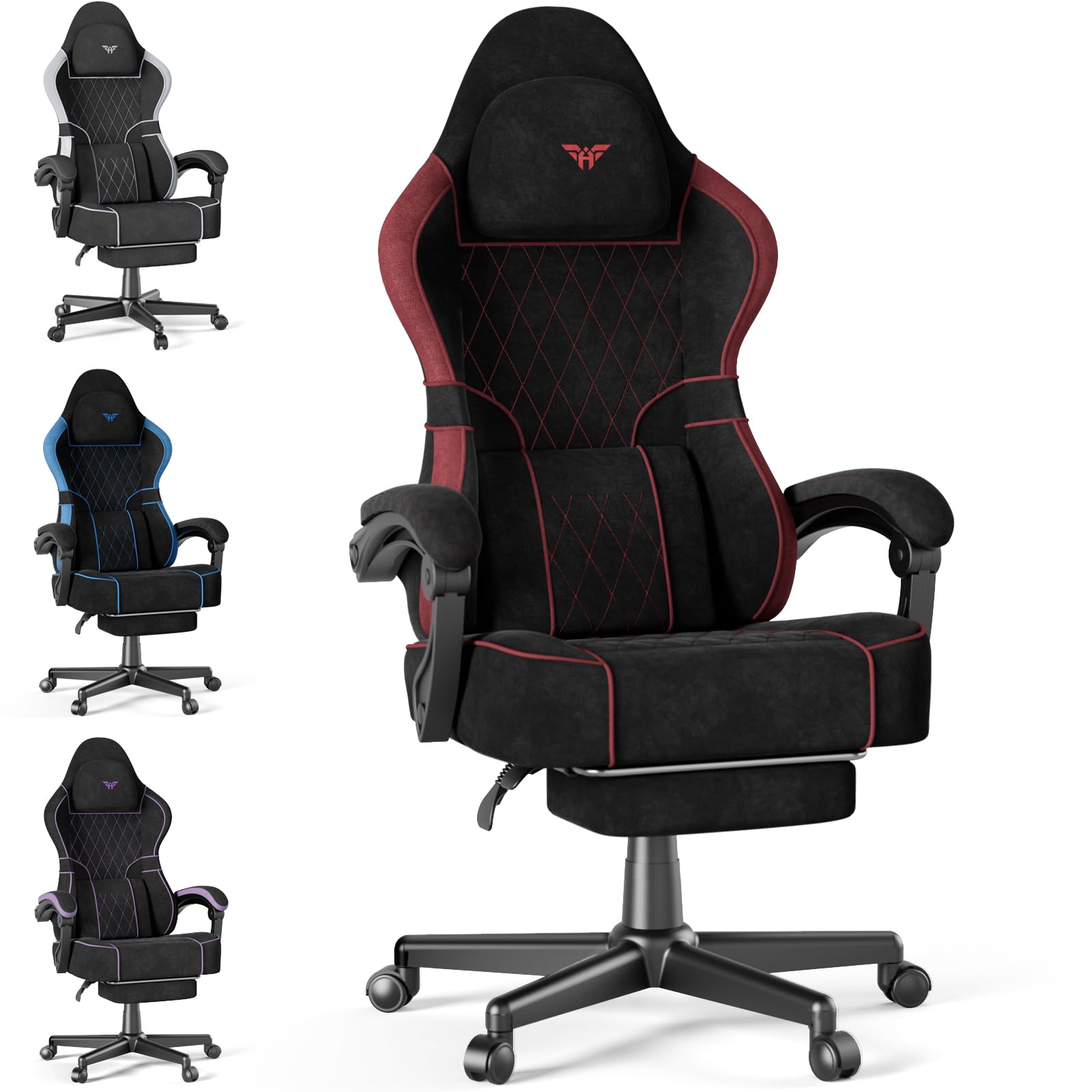 Soontrans Gaming Chair with Lumbar Massage Cushion, Gamer Chair with Headrest, Footrest, Cadeira Gaming, Synthetic Fabric, Adjustable Height for Gaming, 300 lbs (Red and Black)