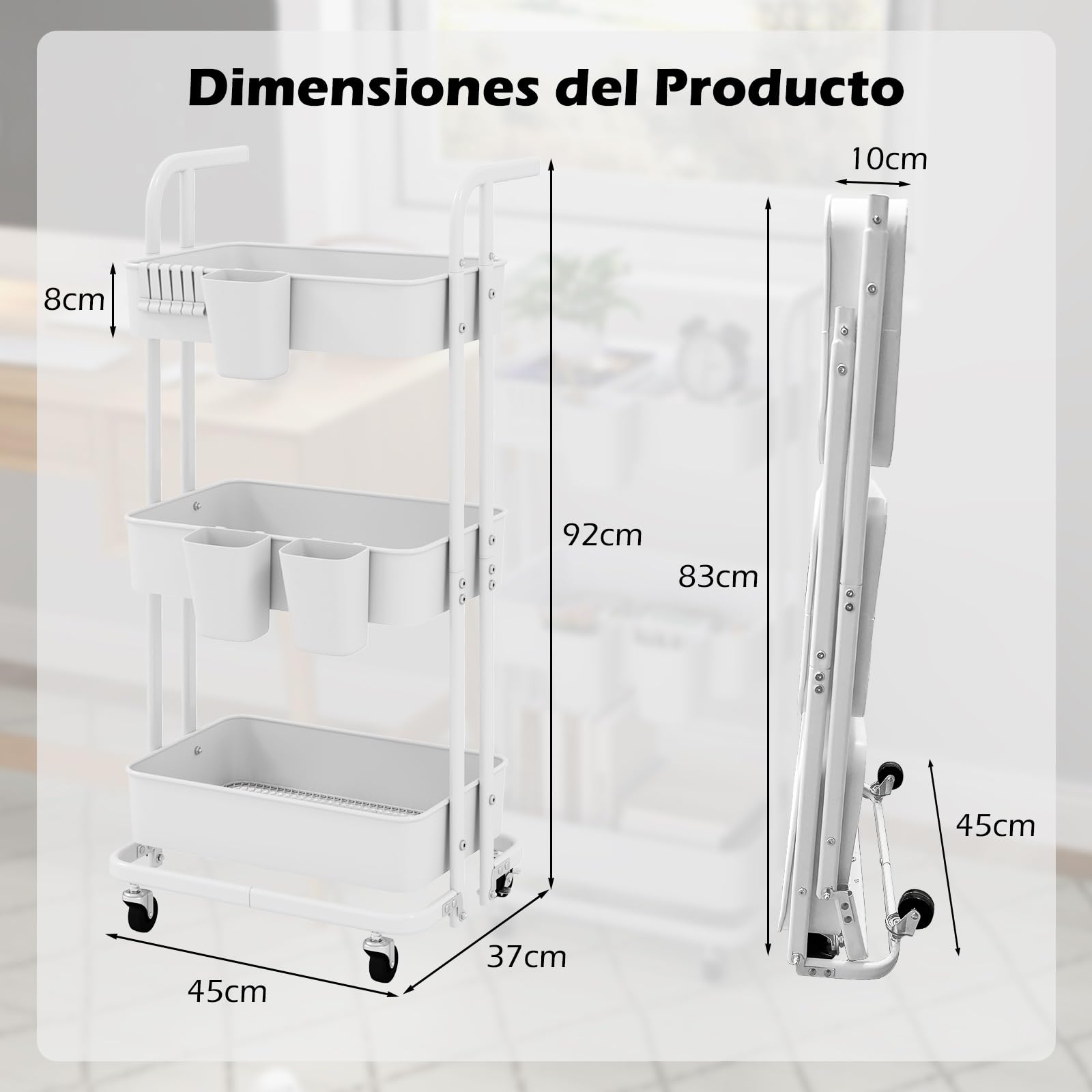 GOPLUS Carrito de Almacenamiento Plegable de 3 Niveles, Carro de Cocina Móvil con 3 Cubos Colgantes, 6 Ganchos, Ruedas Bloqueables, Carro de Servicio para Cocina, Sala de Estar, Comedor