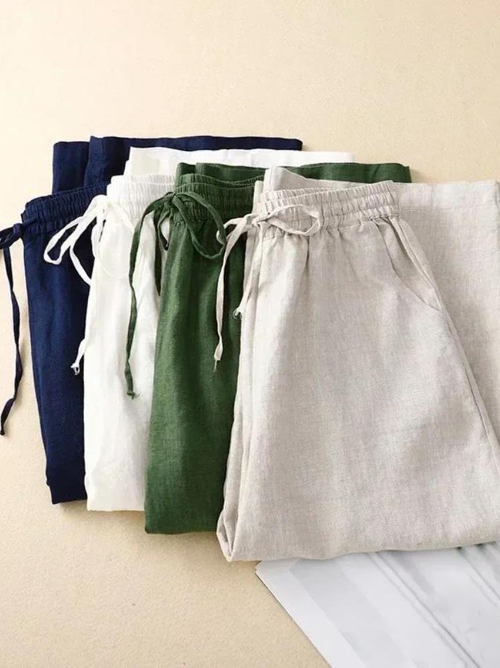 Women's High Waist Pants Cotton Linen Wide Leg Elastic Waist Ankle-Length Solid All-Match Loose Casual Trousers