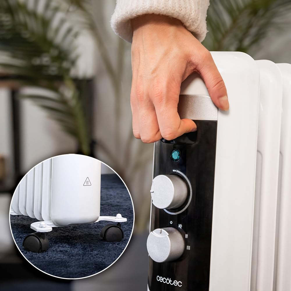 Cecotec Radiador Eléctrico de Aceite Bajo Consumo de 9 Módulos ReadyWarm 950 Space White. 2000W, 3 Niveles de Potencia, Sistema de seguridad y Ruedas, Ideal para 20m², Blanco