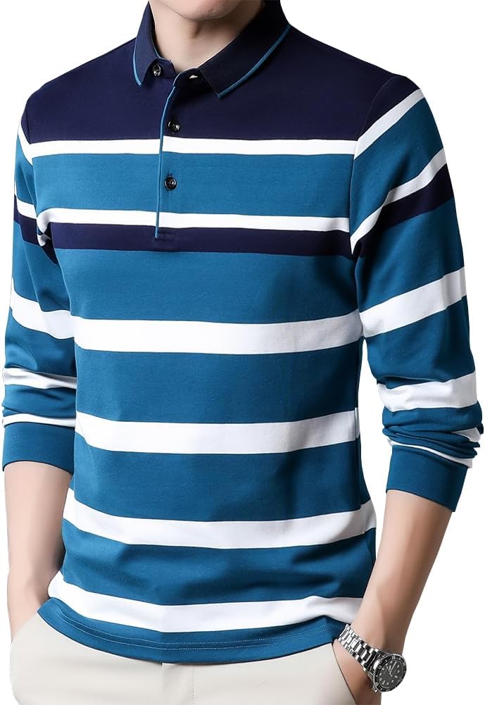 Mens Casual Cotton Striped Long Sleeve Collared T Shirt Polo Shirts