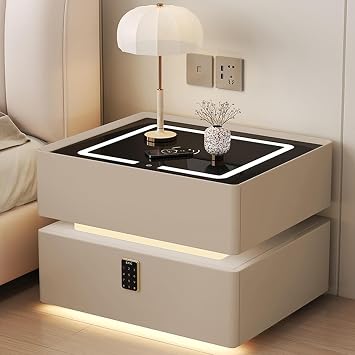 Smart Wireless Charging Nightstand with Password Lock, Modern Floating Night stand, Smart LED Bedside Table with Storage Drawers for Bedroom Living Room  Color Khaki , Size 19.7x15.7x18.9in