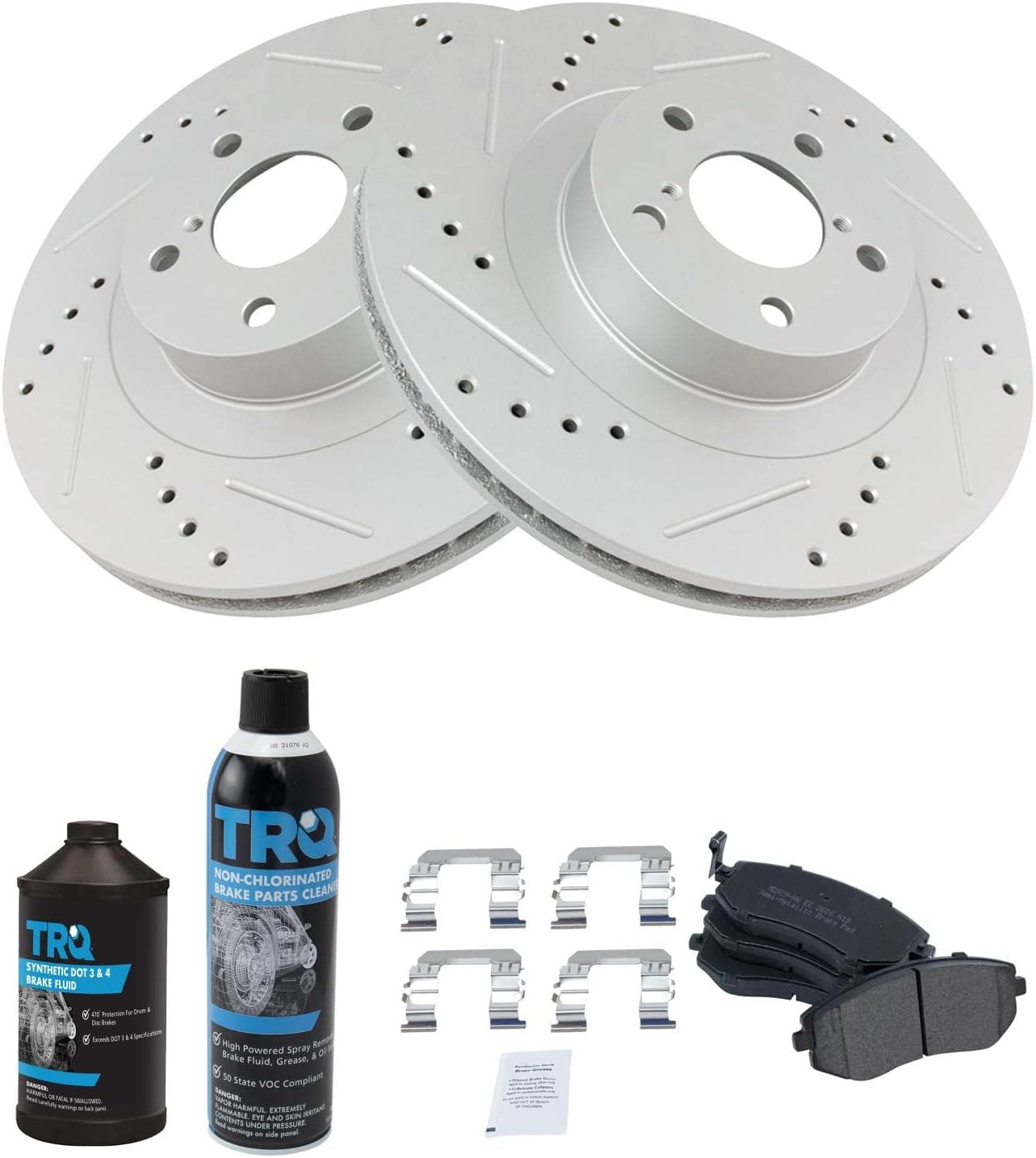 TRQ Front Brake Pad & Rotor Kit Performance Semi-Metallic Premium G-Coated Slotted X Drilled Compatible with 05-06 9-2X 03-06 Baja 03-08 Forester 03-05 Impreza 02-04 Legacy 02-05 Outback