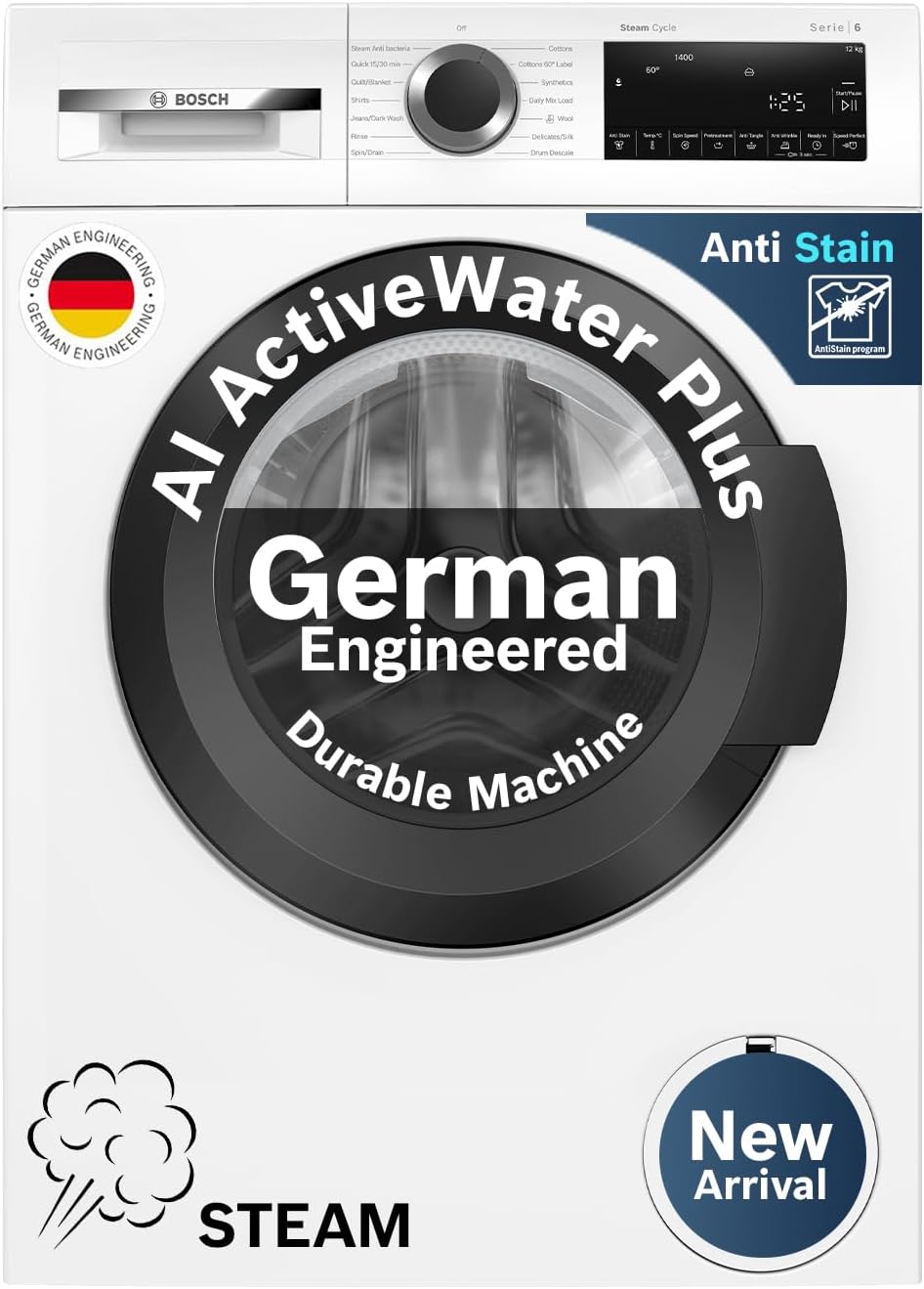 Bosch 12 kg 5 Star Front Load Fully Automatic Washing Machine, AI ActiveWater, Inbuilt heater, Antibacterial Tech, 14 Wash Programs, 66L Large Drum, SoftCare Paddle, White, WGA27400IN (2026 Model)