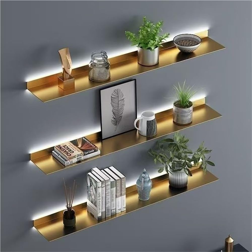 Set of 3 Glowing Floating Display Shelves with LED Lights, Modern Metal Wall Mounted Hanging Decor Rack for Bedroom, Living Room, Hallway, or Entryway(Gold,100cm/39.4in)