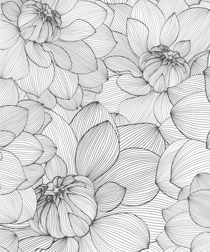Meihodan Vintage Black White Line Art Lotus Floral Peel and Stick Wallpaper