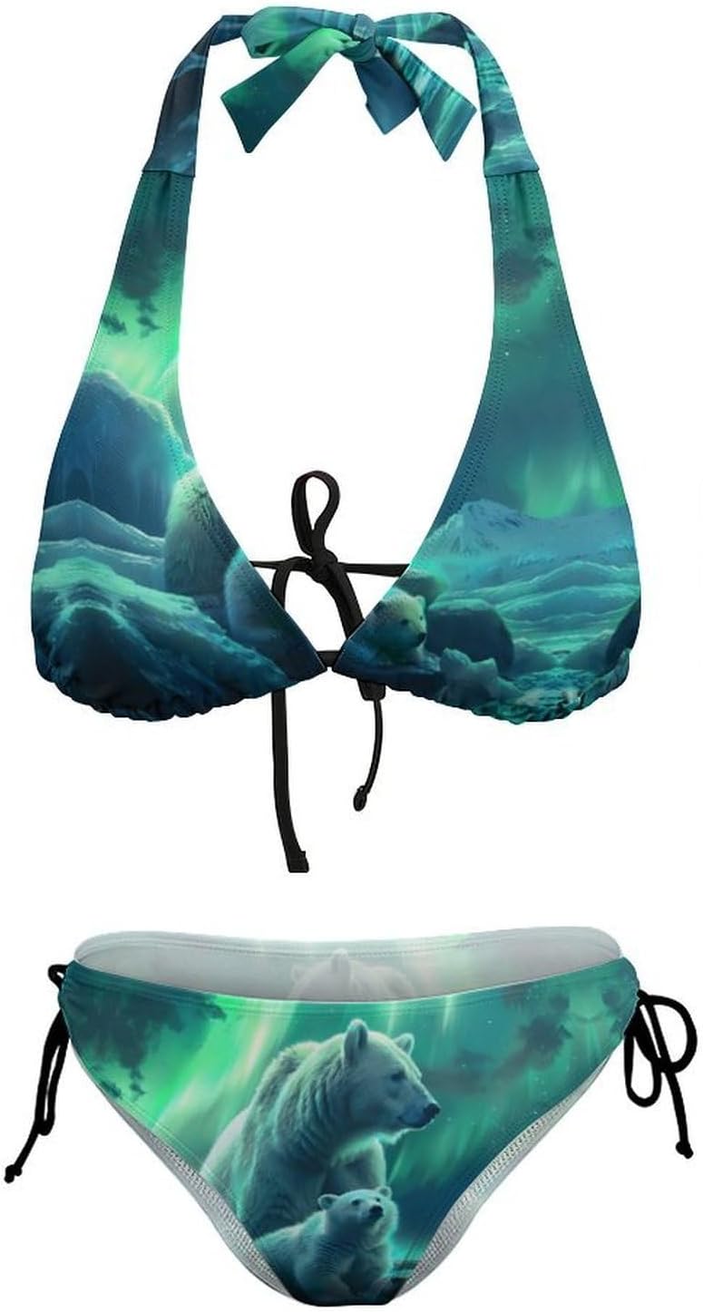 Family Polar-Bear Northern Lights Novelty Women's 2 Piece String Bikini Set Swimsuits Bathing Suit Swimwear