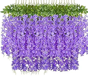 AJSN Artificial Flower for Home Decoration Plants Plastic Flowers Decor Items Decorative Flowers Hanging Bunch Creepers Garlands Leaves for Vase Wedding Room (12 Pieces) (Purple)