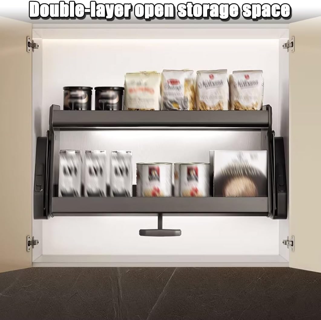 YVYKFZD 2 Tier Pull Out Cabinet Organizer, Upper Pull Down Shelf, Kitchen Cabinets, Wall Cabinet Storage Organizer, High Cabinet Lifting and Foldings, Space Saving(Gray,900 type)