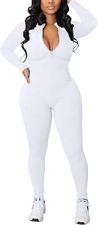 chicyes Womens Sexy Bodycon Long Sleeve Zipper Ribbed One Piece Pants Rompers Jumpsuits White