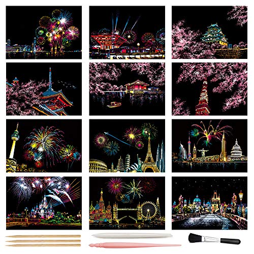scratch art paper rainbow night view scratchboard pads for adults and kids mini envelope postcard art amp crafts set 12 sheets scratch cards amp scratch drawing pen brush 7934x5534 fireworks series