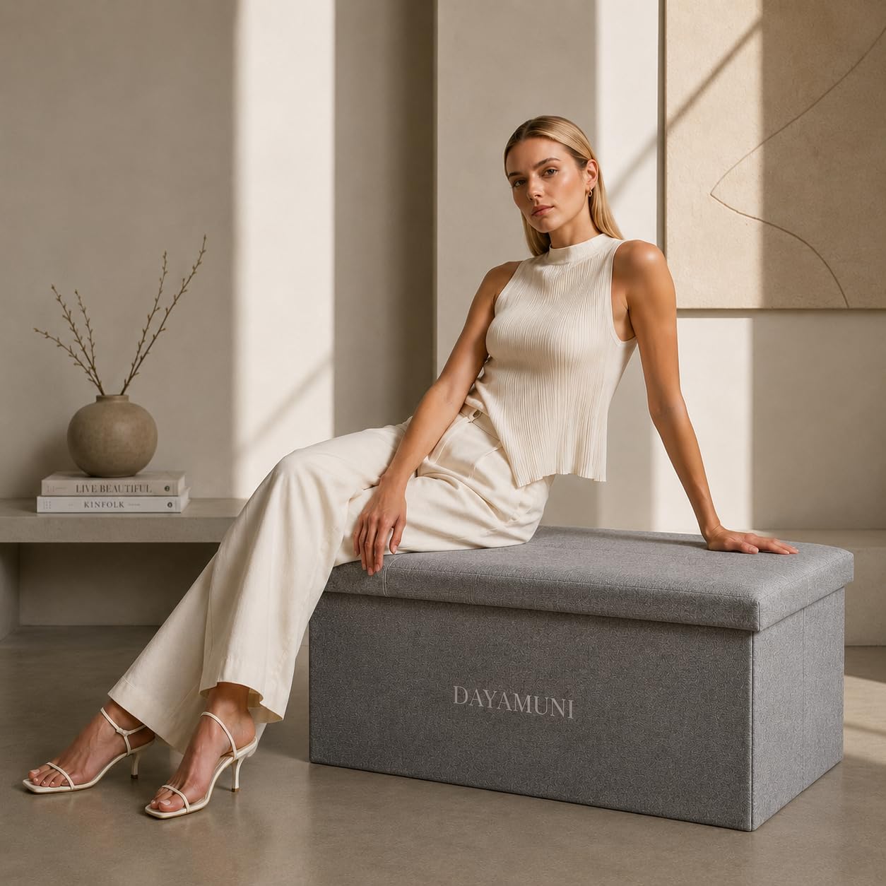 Storage Ottoman Bench with Hidden Storage, Foldable Linen Fabric Storage Chest, Tufted Foot Rest Stool, End of Bed Bench Seat Organizer for Bedroom Living Room Entryway, 80L, 76x38x38 cm (PLAIN GREY)-picture-12
