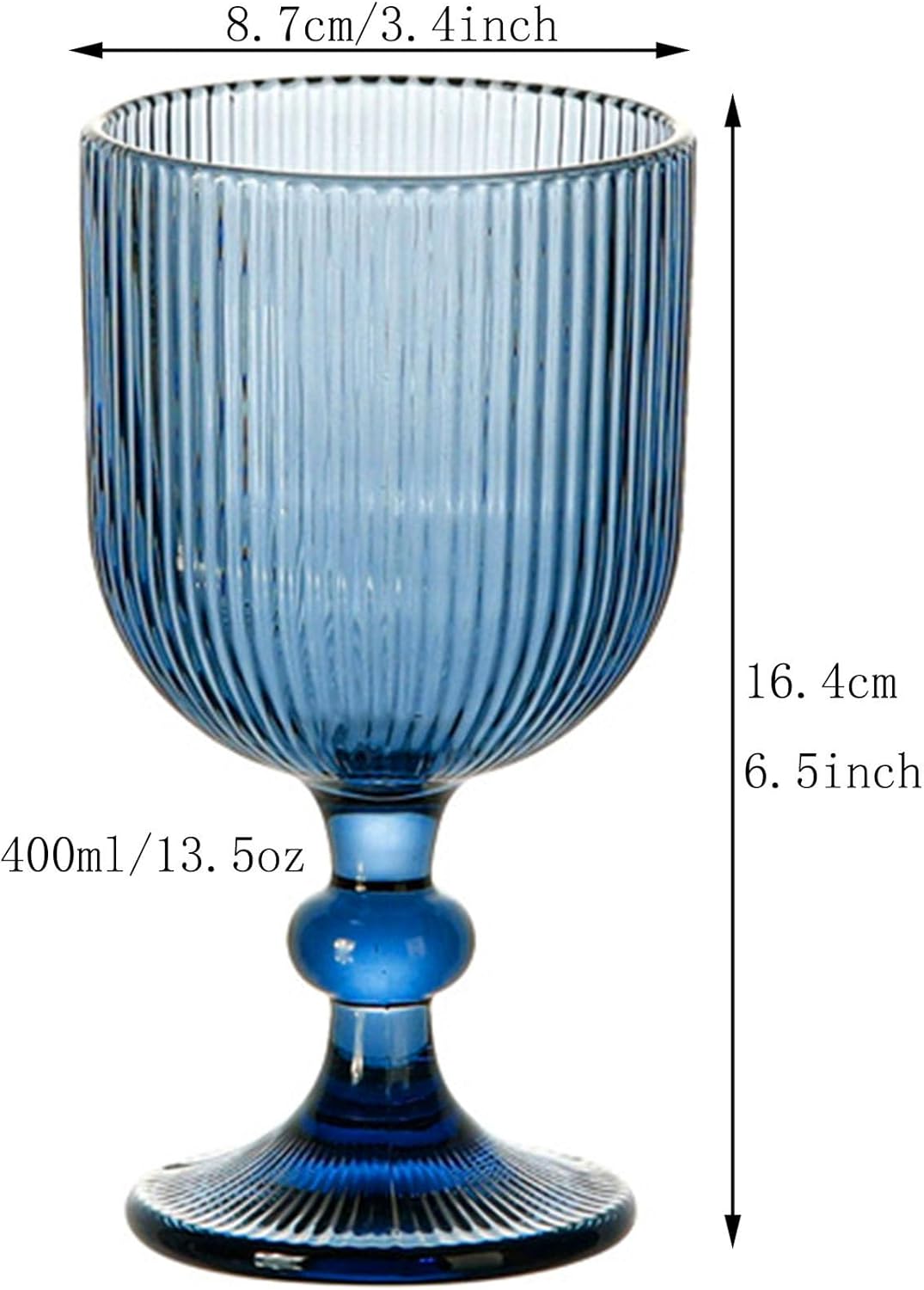 Taganov Blue Glasses Drinking Water Goblets set of 6 Big Vintage Glassware 13oz Colored Wine Glasses for Wedding Party Bar Vertical Line Embossed Pattern Stemmed Cups 400ml