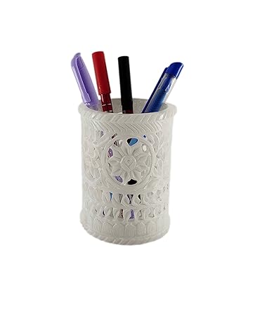 RIDHI SIDHI EXPORTS White stone pen holder make up accessory holder hand crafted pen stand - Marble Stone Carved Pen Stand, stone carving - Mini vase - Tea light holder - Desk Pen Holder