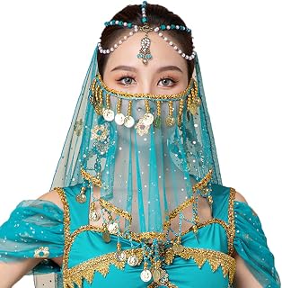 Belly Dance Face Veil Beads Coins sequins Crystal Tribal Elf Mask for Women Halloween Costume Accessory