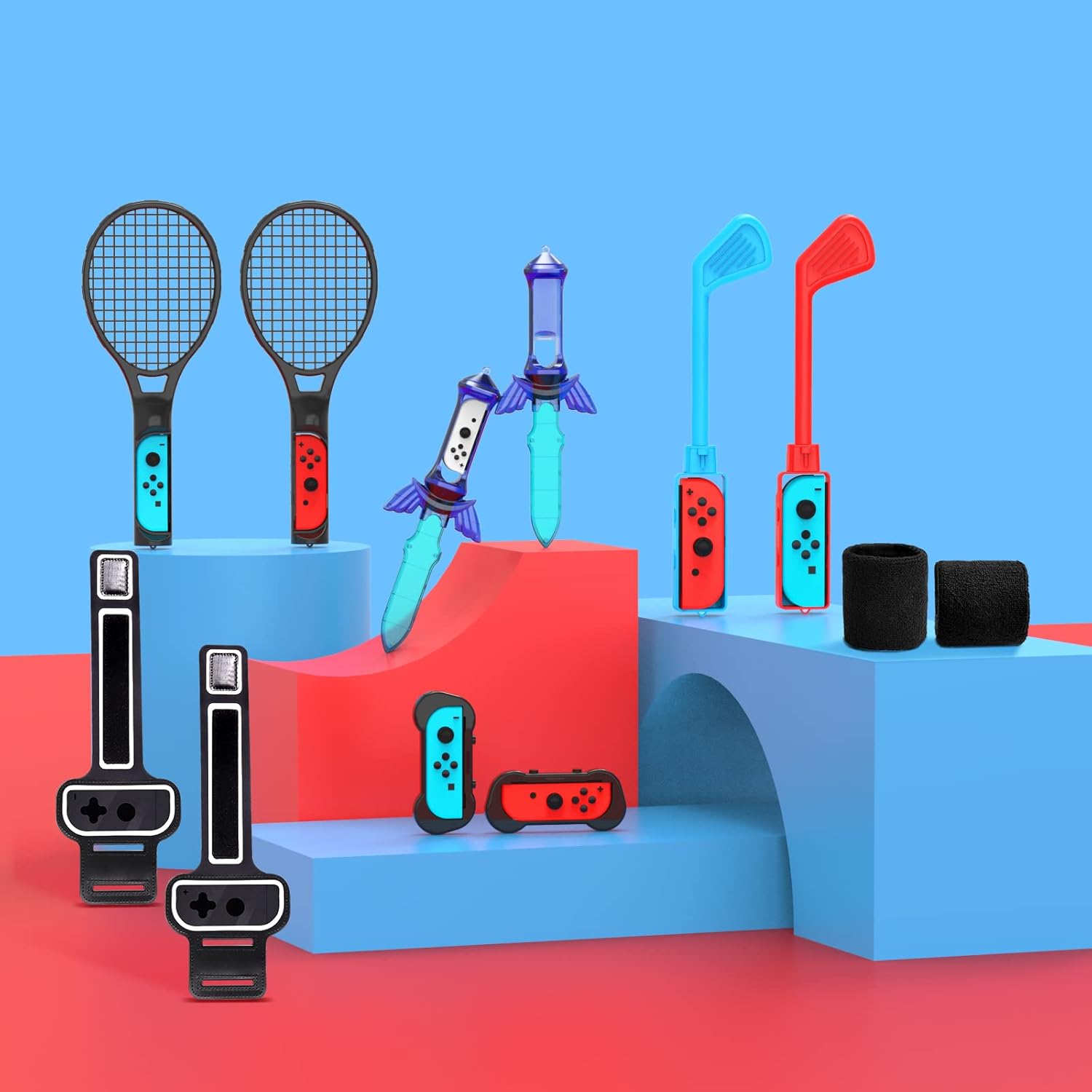 2022 Switch Sports Accessories Bundle - 12 in 1 Family Accessories Kit for Nintendo Switch Sports Games:Tennis Rackets,Sword Grips,Golf Clubs,Wrist Dance Bands & Leg Strap,Joy-con Wrist Band, Comfort Grip Case and Carrying Case : Video Games