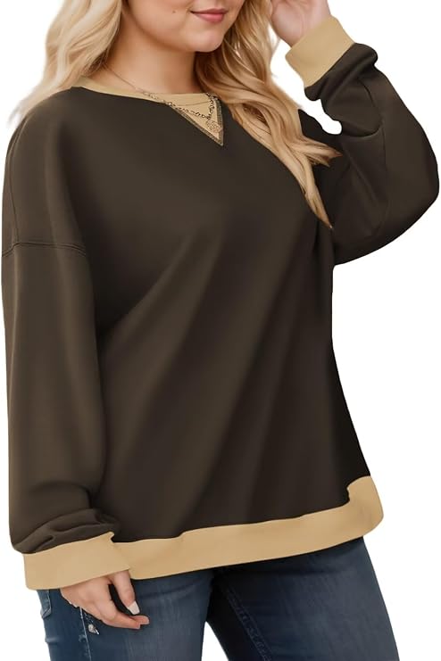 VOGRACE Womens-Plus-Size-Sweatshirts Casual Oversized Pullover Tops Crewneck Long Sleeve Color Block Tunic Outfits