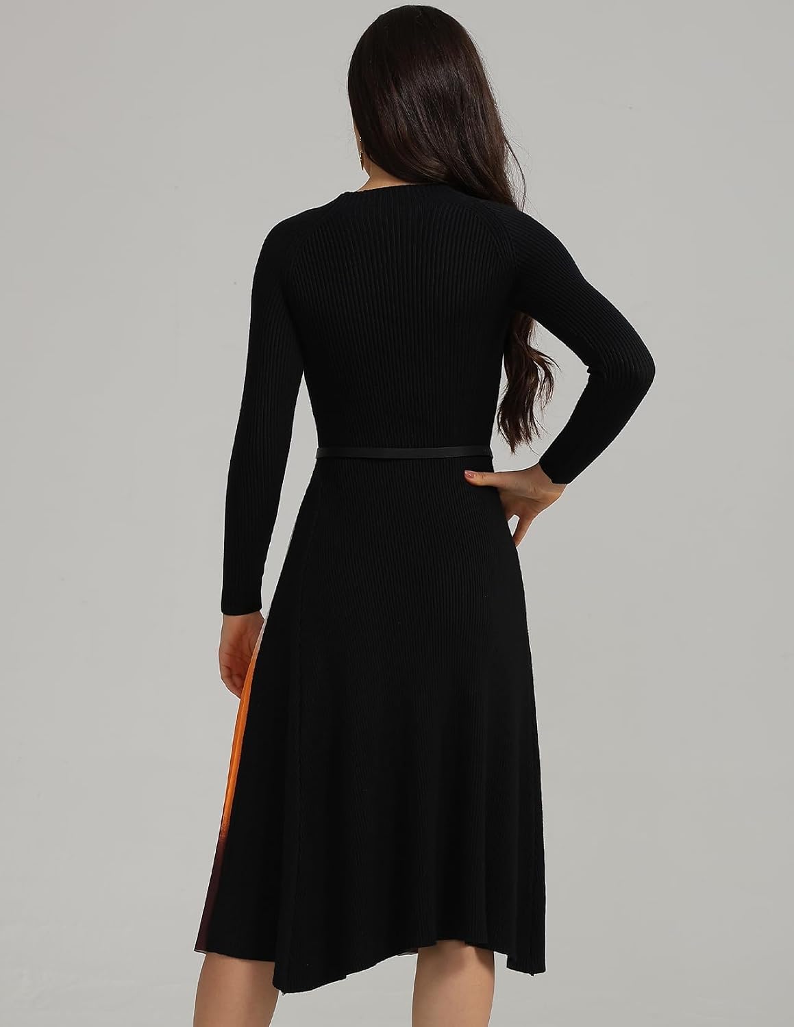 Gradient Patchwork Dress Glamorous Pleated Dress Belted Knit Dress Long Sleeve A Line Dress Trendy Cocktail Dress