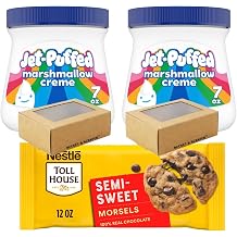 Marshmallow Cream Fluff Spread - Pack of Two 7 oz Jet Puffed Creme Sauce with One 12oz Nestle Toll House Semi Sweet Chocolate Chips Morsels Bundle with Bucket & Scraper Pack of Two Personal Sized Fudge Boxes