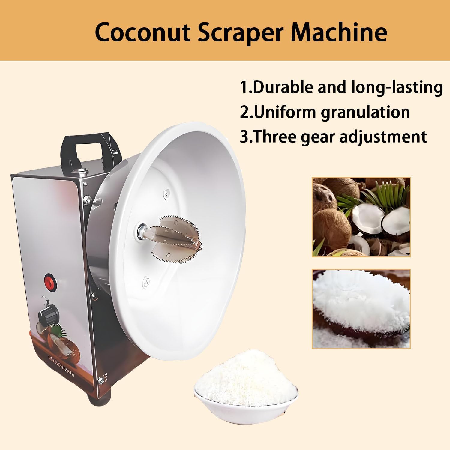 Commercial Coconut Meat Removal Tool ，Portable Coconut Scraper Grater Machine,3 Speeds Adjustable, 35KG/H，with Blade Dust Cover, for Flakes & Milk Extraction. StainlessSteelBody