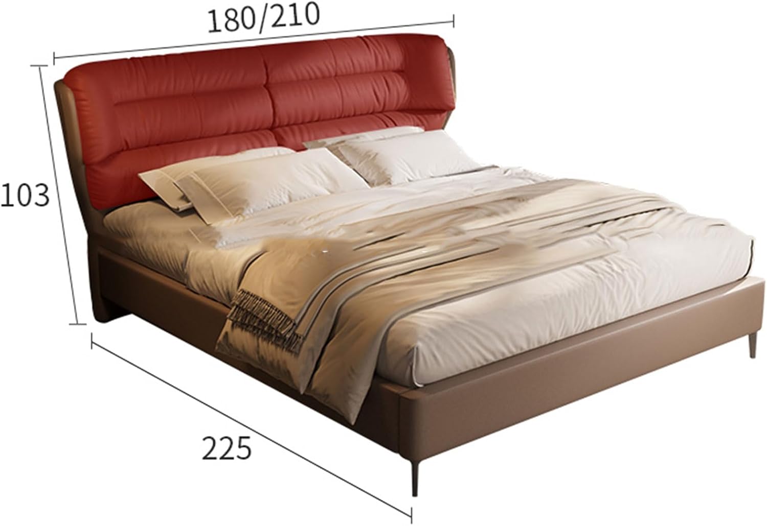 Modern Brown Leather Queen Size Platform Bed Ergonomic Upholstered Headboard Wooden Slats Support Noise-Free