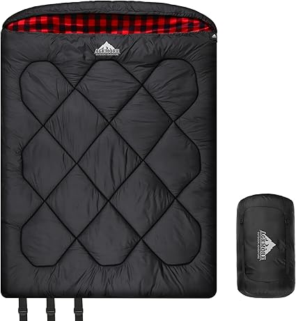 AGEMORE 0 Degree Double Sleeping Bag for Adults,Cotton Flannel Lined 2 Person Cold Weather Queen Size Sleeping Bag, Double Wide Warm Sleeping Bag for Family Winter Camping Or RV Traveling