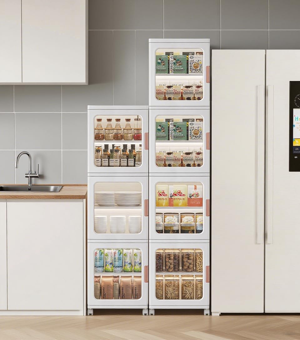 4 Tier White Tall Narrow Storage Cabinet Bundle with 3 Tier White Narrow Storage Cabinet with Magnetic Doors & Adjustable Shelves