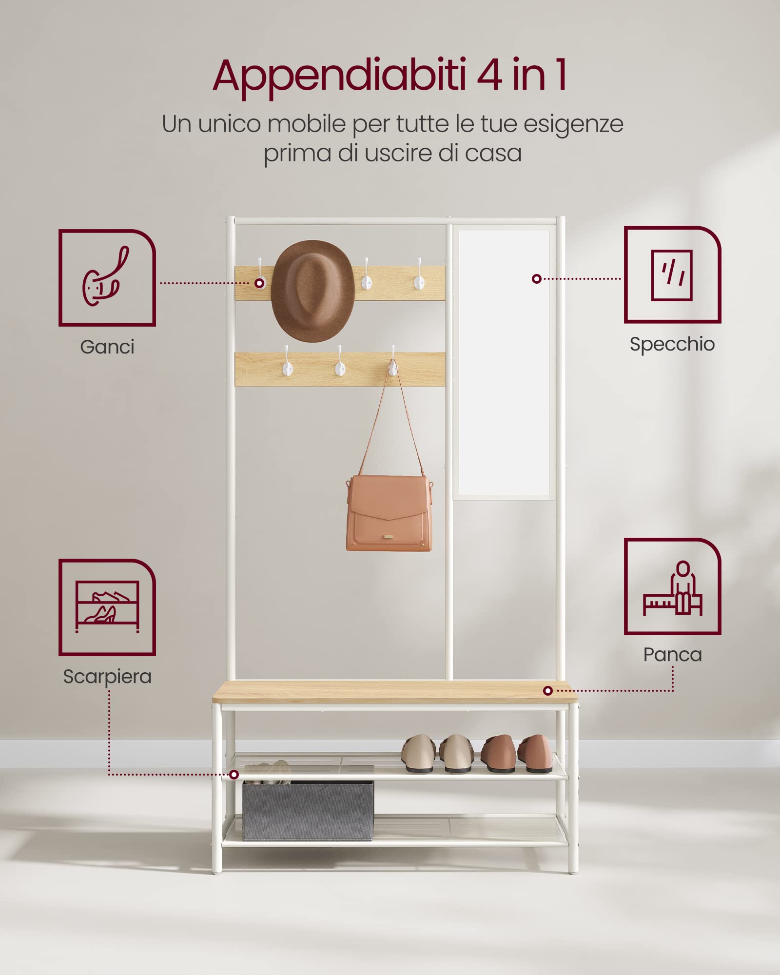 VASAGLE Appendiabiti con Scarpiera, Mobile Ingresso con Ganci, Specchio, Panca e Ripiani, 35 x 98 x 180 cm, Corridoio Camera da Letto Salotto, Moderno, Color Rovere e Bianco Nuvola HSR415W09