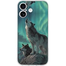 Wolf Howling Moon Northern Lights Compatible with iPhone 17/17 Air/17 Pro/17 Pro Max Case Non-Yellowing Shockproof Cute Protective Phone Cover