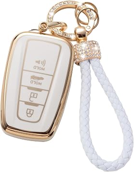 Key Fob Cover with Bling Keychain 4 Buttons Fit for Toyota CamryV70/Hybrid C-HR RAV4 86GT Prius Yaris Avalon Anel TPU Smart Key Shell Case Key Protection Cover Key Ring case -White