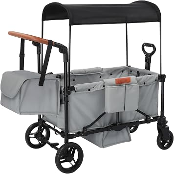 Stroller Wagon for 4 Kids, Foldable Wagon with Footwell, Lightweight, Adjustable Push and Pull Handles, 5-Point Harness, Adjustable Canopy for Outdoor Adventures