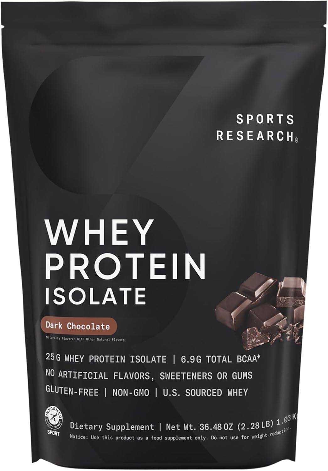 Sports Research® 100% Whey Protein Isolate Dark Chocolate - U.S. Sourced Protein Powder w/BCAAs - No Artificial Flavors or Gums- Informed Sport Tested · Gluten Free - 2lb Bulk Bag, 25 Servings