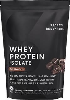 Sports Research® 100% Whey Protein Isolate Dark Chocolate - U.S. Sourced Protein Powder w/BCAAs - No Artificial Flavors or Gums- Informed Sport Tested · Gluten Free - 2lb Bulk Bag, 25 Servings